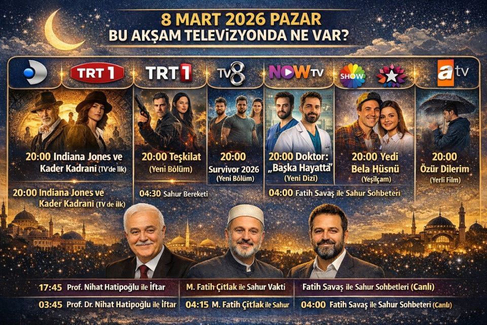 08 Mart 2026 Pazar TV Yayın Akışı: Bu Akşam Hangi Diziler ve Programlar Var?