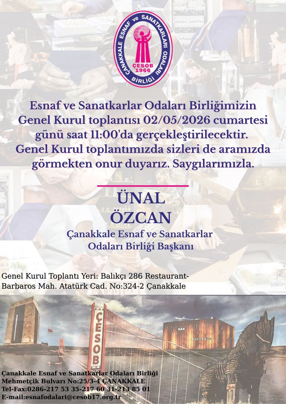 Çanakkale Esnaf ve Sanatkârlar Odaları Birliği Genel Kurulu yapılacak