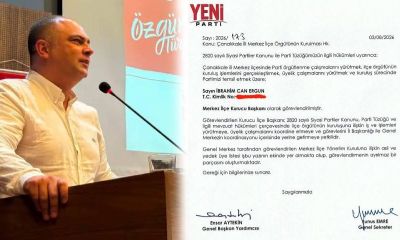 Ergun, YENİ Parti Çanakkale Merkez İlçe Kurucu Başkanı olarak atandı
