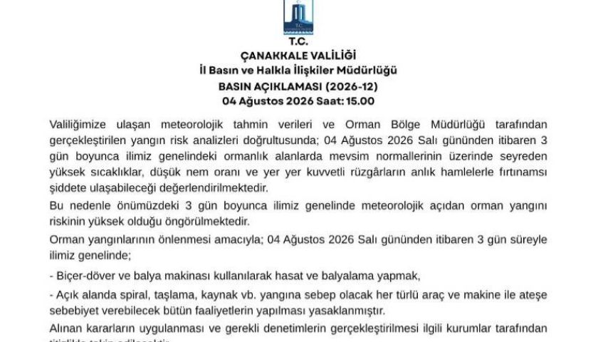 Çanakkale Valiliği 3 günlük kısıtlama kararını duyurdu